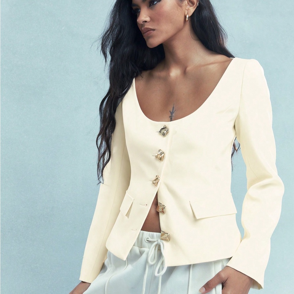 Cream Scoop neck Blazer Top with Gold Buttons